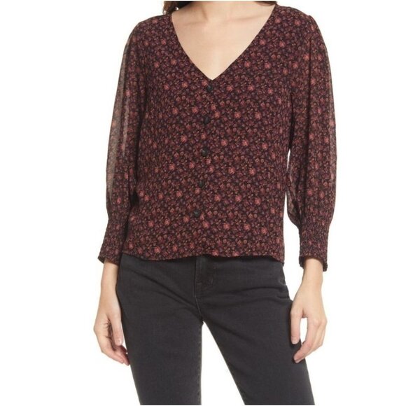 Madewell Georgette black Orchid floral Top boho top size Medium dark Academia - Picture 1 of 10